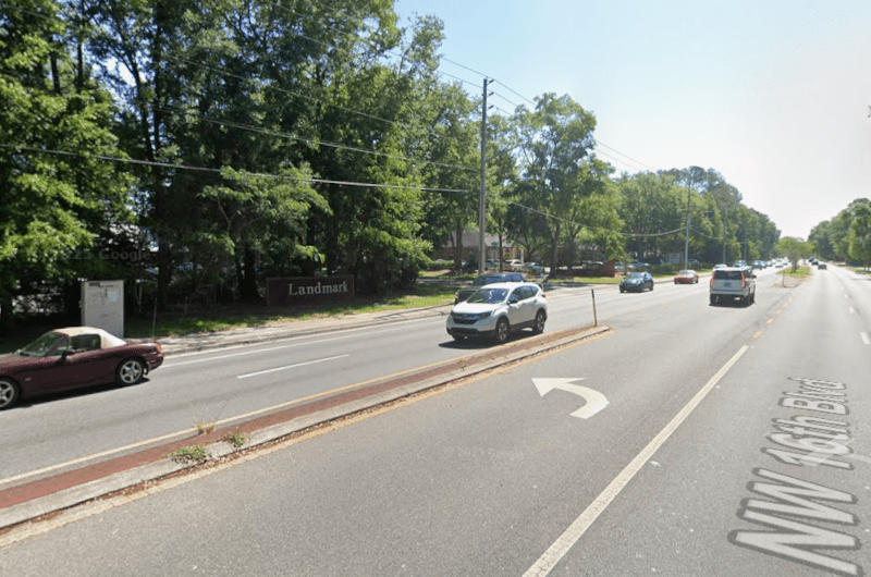 View of the turn-in, eastbound on 16th Blvd